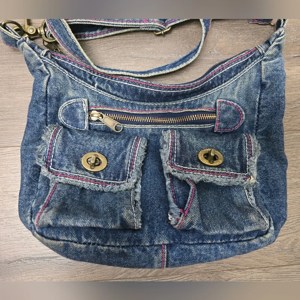 Y2K Denim Shoilder Bag Pink Stitching Boho Streetwear Preppy